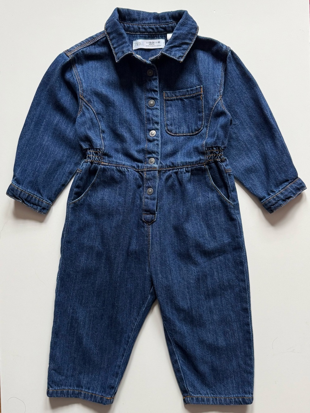 Zara Girls Blue Denim Snap-Up Long-Sleeve Jumpsuit - Size 18-24M - Picture 3 of 12